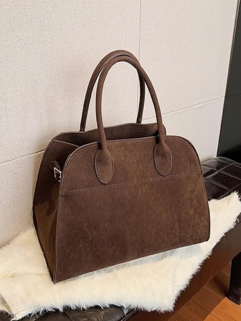 Dark Brown Faux Suede Handbag with Adjustable Side Buckles. Brand New.